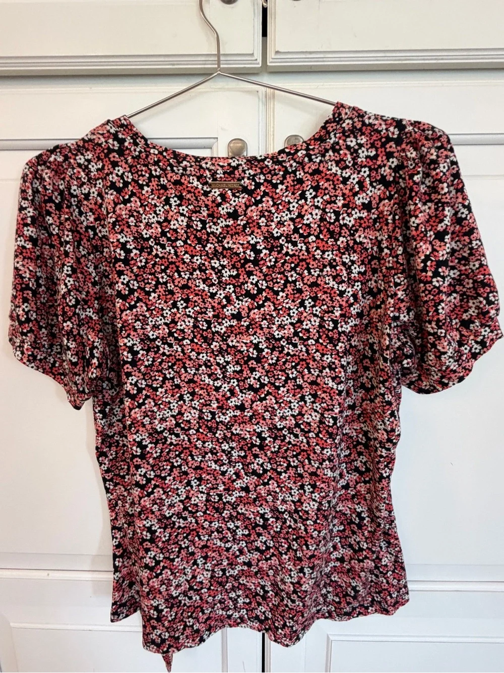 Michael Kors Black and Coral Floral Short-puff Sleeve Top large